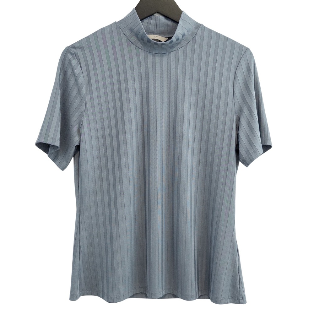 NWT H&M Ribbed Mock Neck Top Womens Large Blue Gray Basic Short Sleeve Shirt